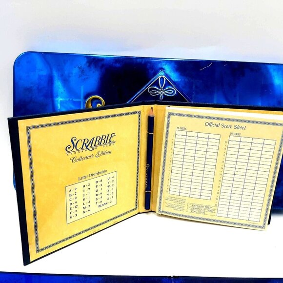Milton Bradley Scrabble Crossword Game Collector's Edition Blue & Gold Metal Tin - Picture 3 of 16
